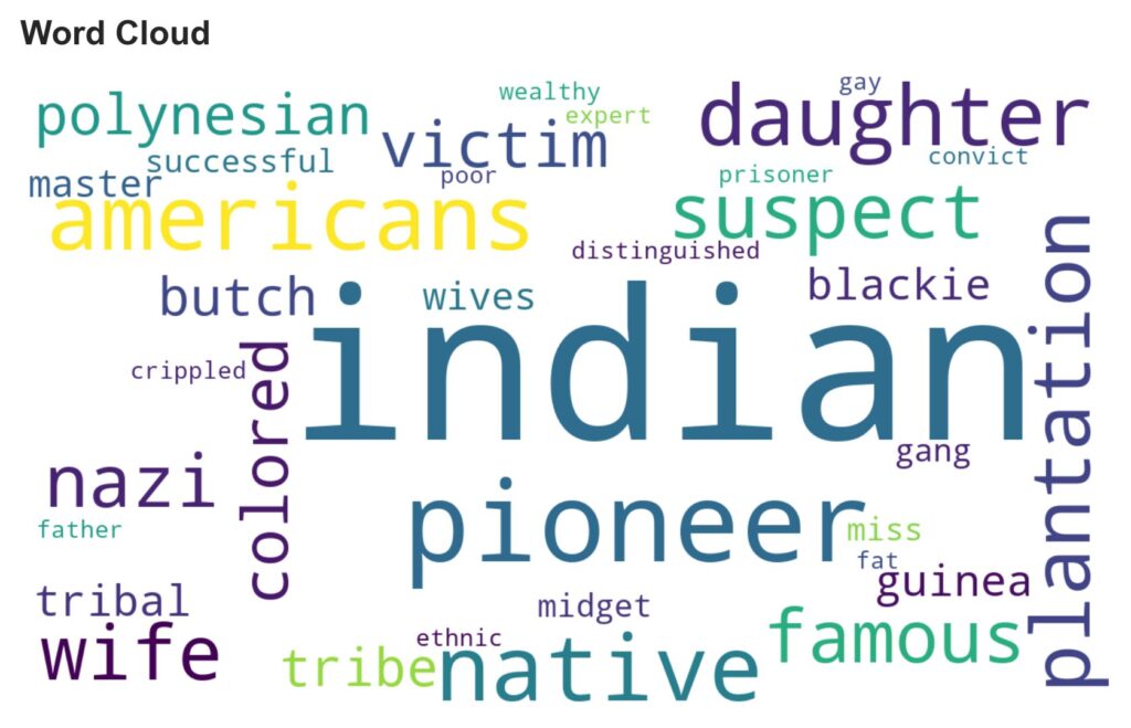Example Word Cloud of most frequent terms found in a metadata file uploaded to MaRMAT. Most frequent terms include indian, pioneer, native, and americans.